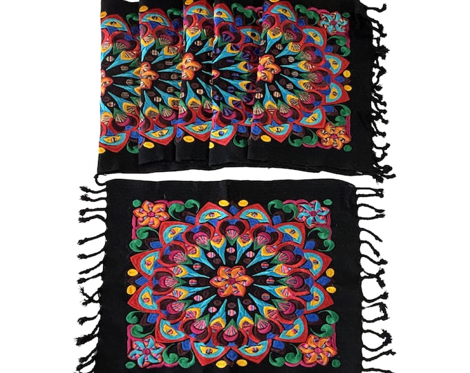Embroidered Placemat Set of 6 | Mandala with Tassels