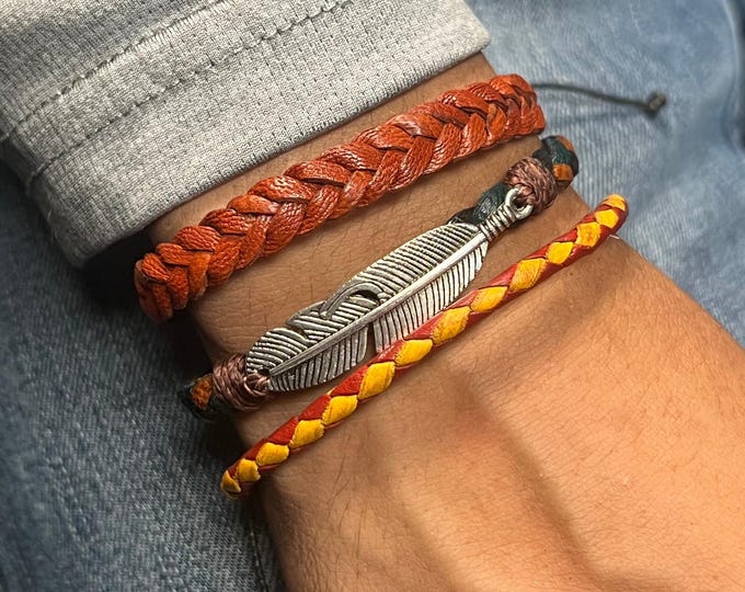 Handcrafted Leather Braided Bracelet Set. Woven Braid with Feather Charm, Adjustable and Stylish