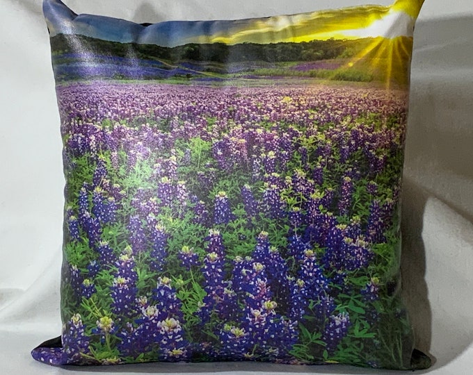 Bluebonnet Sunrise | Leather Throw Pillow| Image Pillow | 18”x18”