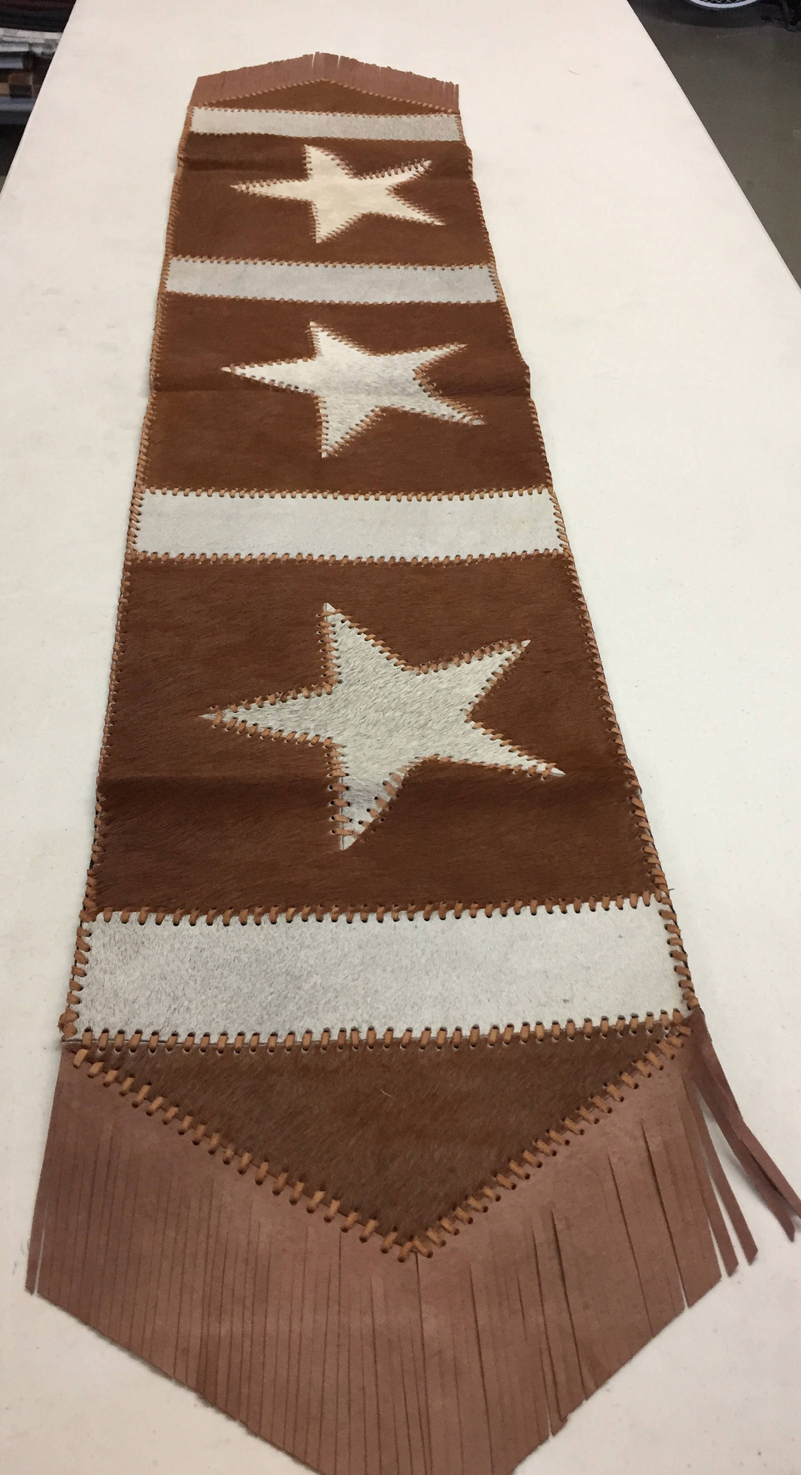 Cowhide Table Runner With Texas Stars And Leather Fringe Free