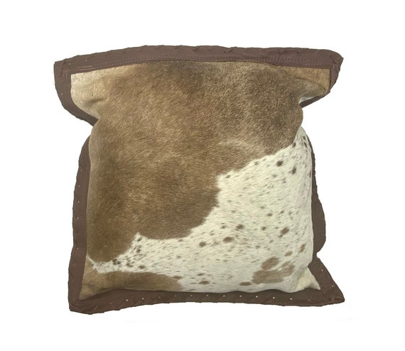 Natural Brown Spotted Cowhide Pillow | Double Sided Cowhide Pillow | Leather Trim |Hand 16”x 16” and 20”x 20” Decorative Pillow