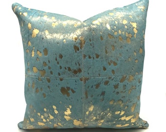 Turquoise & Gold Metallic Cowhide Pillow: A Luxurious Double-Sided 20"x20" Decorative Throw Pillow