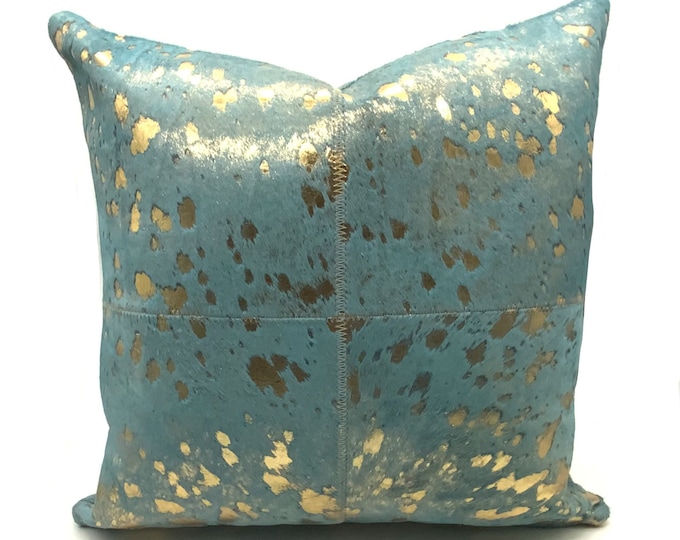 Turquoise & Gold Metallic Cowhide Pillow: A Luxurious Double-Sided Decorative Throw Pillow