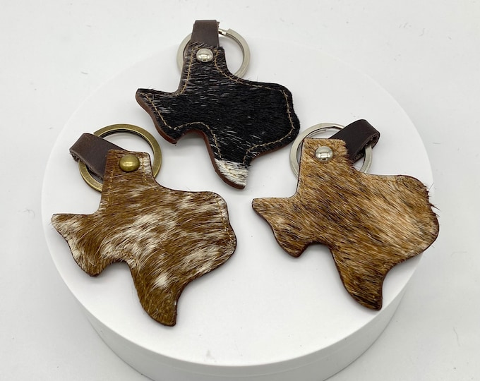 Texas Key Chain, Real Cowhide and Leather Key Holder Ring, Hair on Hide, Cowhide Key Fob, Key Ring, Texas King Ring