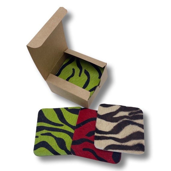 Cowhide Box Set COASTERS Zebra Print Twelve in a Box Gift Box