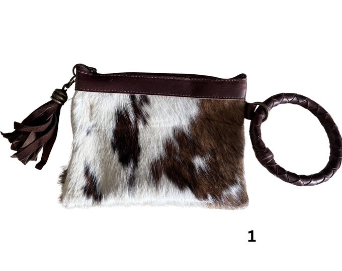 Genuine Cowhide Leather Western Wristlet Purse with Bangle