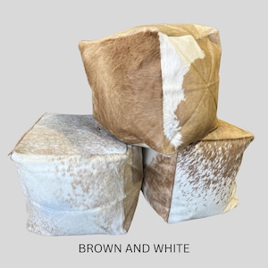 SALE!!! Handmade Patchwork Cowhide Pouf: 18X18X18in Ottoman Seat / BROWN BROWN AND WHITE