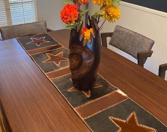 Star Pattern Cowhide Table Runner with Leather Fringe
