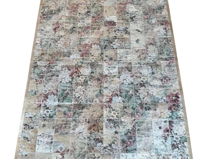 Floral Cowhide Patchwork Rug | Vintage Botanical Leather Rug (5x7 ft.)