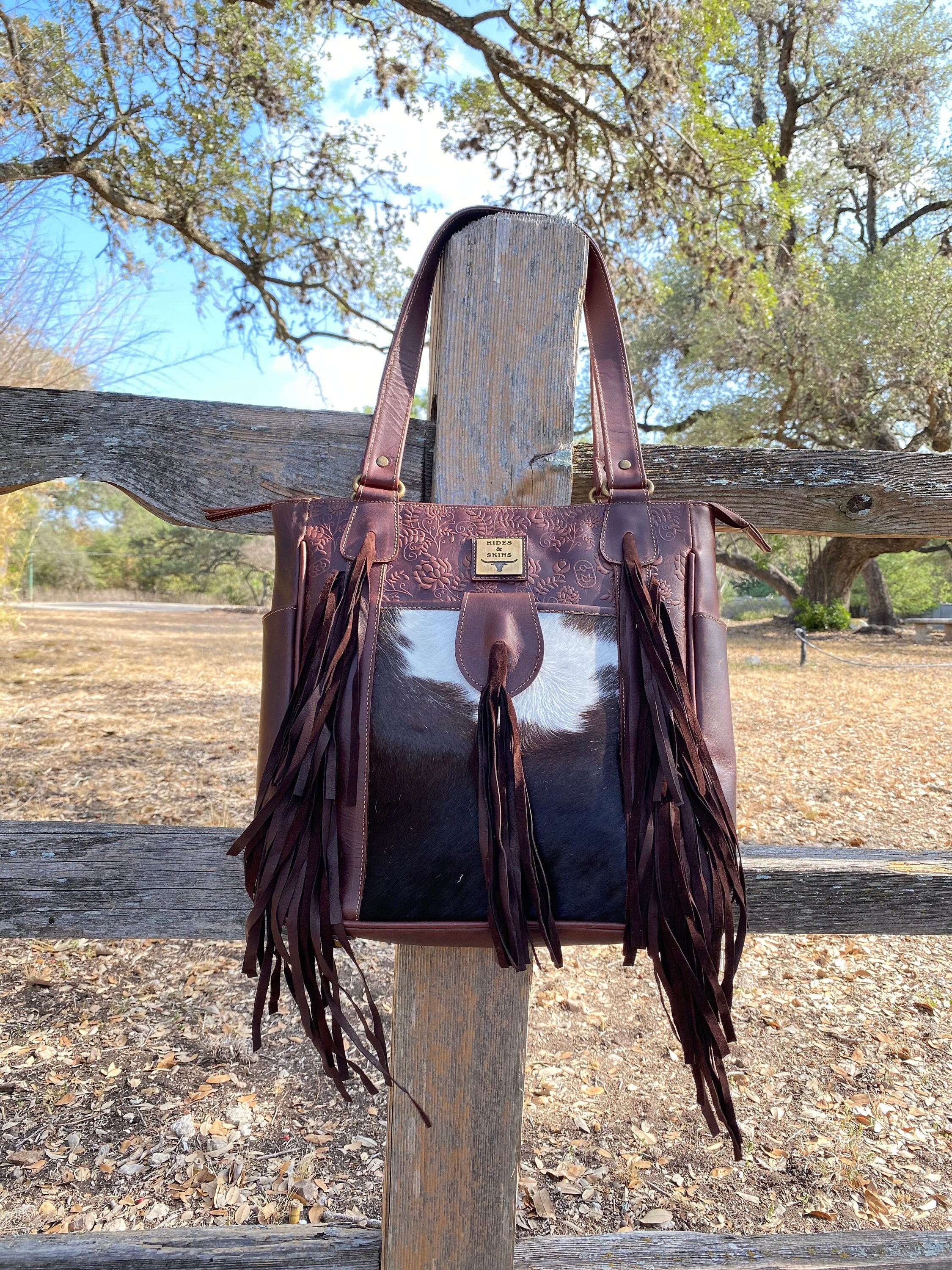 Leather Cowhide handbag leather bag Handmade Shoulder bag tooled Leather Lined Large Size Stacy