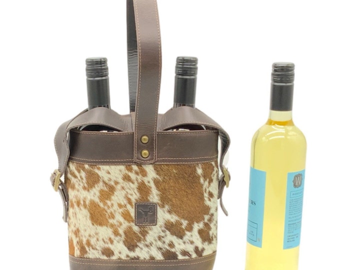 Cowhide Leather Double Wine Carrier, 10 x 16.5 x 3 inches,Leather bag for 2 bottles| Leather bottle carrier| Leather wine bag| Cowhide bag