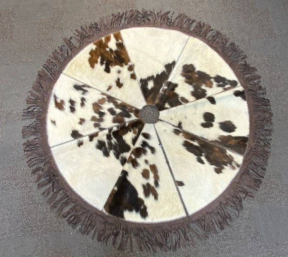 Cowhide Christmas Tree Skirt with Leather Trim, 60” Round  Western Decor Christmas Tree Skirt