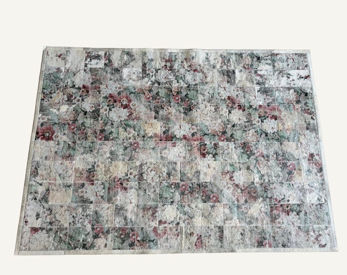 Brazilian Designer Grey Floral Cowhide Patchwork Rug | Vintage Botanical Leather Rug (5x7 ft.)