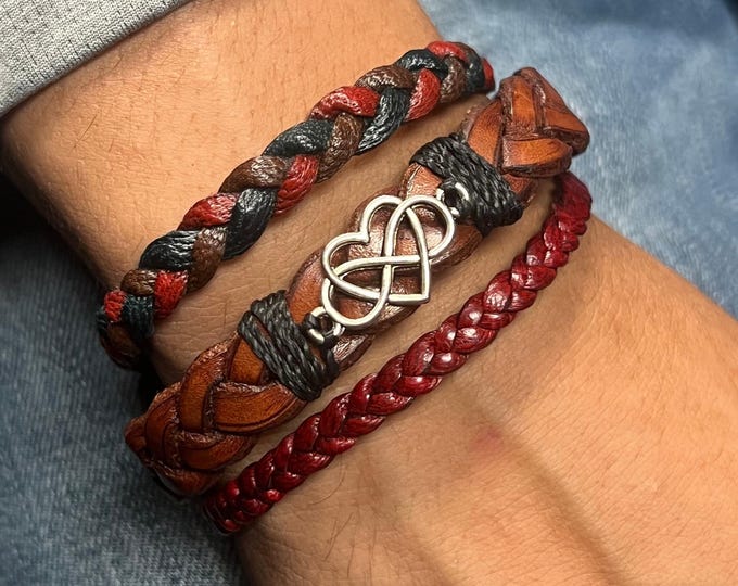 Handcrafted Leather Braided Bracelet Set with Infinity Heart Charm, Adjustable, Boho Chic Writbands for Men & Women