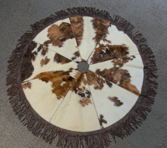 Cowhide Christmas Tree Skirt with Leather Trim, 60” Round  Western Decor Christmas Tree Skirt