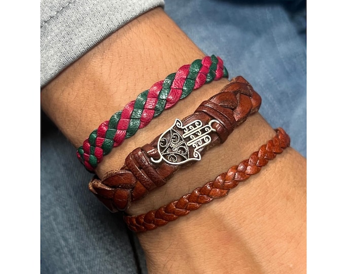 Handcrafted Leather Braided Bracelet Set. Woven Braided with Hamsa Hand Charm, Boho Multicolor, Braided Bracelet Set, Adjust wristband.
