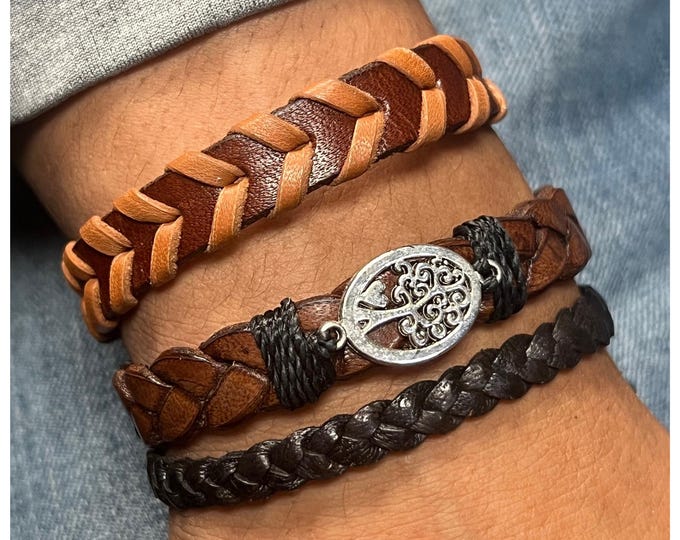Handcrafted Leather Braided Bracelet Set. Woven Braid & Tree of Life Design, Adjustable and Stylish