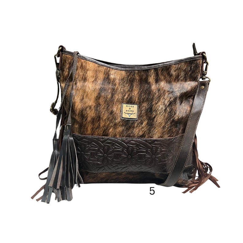 JUNE Crossbody Cowhide Purse. with LEATHER and Fringe Large with Extra bag strap image 5