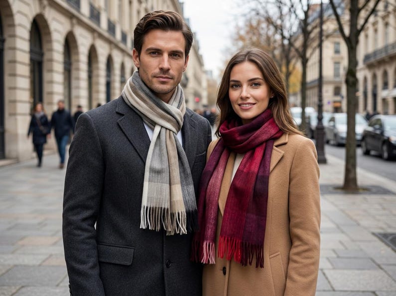 May include: A charcoal gray wool coat paired with a beige, gray, and white plaid scarf featuring fringe ends, alongside a camel-colored wool coat worn with a deep red and burgundy plaid scarf that also features fringe ends.