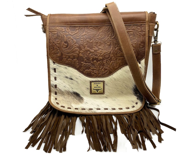 ROSIE Southwestern Style CROSSBODY Bag with COWHIDE, Leather and Fringe | Tooled Leather | Lined | Large Size Purse