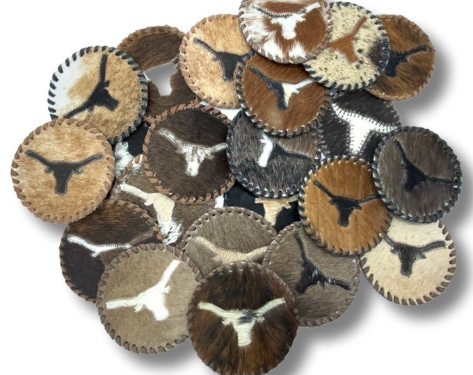 COWHIDE Round With LONGHORN Leather Lace Coasters Assorted Mix Colors Genuine Cowhide Coasters Individually Sold