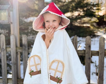 Girl's Mushroom Cloak, Child Hooded Cloak, Flannel Cloak, Fantasy Cloak, Carseat Cloak, cape cloak with pockets, 100% cotton, fly agaric