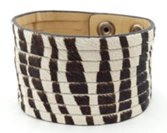 DIY Manschettenleder Kalbshaar Beige/ Braun Zebra bedruckt Streifen Armband