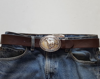 Western Galloping Horse Buckle w. Genuine Leather belt Belt Black or Brown 3 Sizes