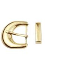 May include: A polished gold-tone metal belt buckle featuring a rounded, D-shaped frame with a central prong and a separate, rectangular metal loop component. The hardware has a smooth, reflective surface and a classic, functional design.