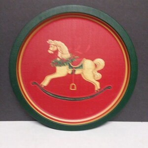 Green & Red Rocking Horse Christmas Tin Platter 12&quot;