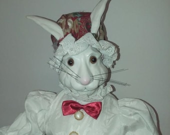 Easter Bunny Doll Dressed in Style Vintage Soft Body Porcelain Head, Hand & Feet