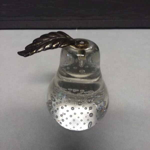 Hand Blown Glass Paperweight Pear with Metal Leaf