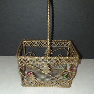 Gold Tone Christmas Holiday Wire Basket with Decorations & Tree