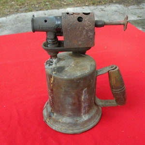 Brass Metal Blow Torch Soldering Wood Handle Vintage Industrial Tool