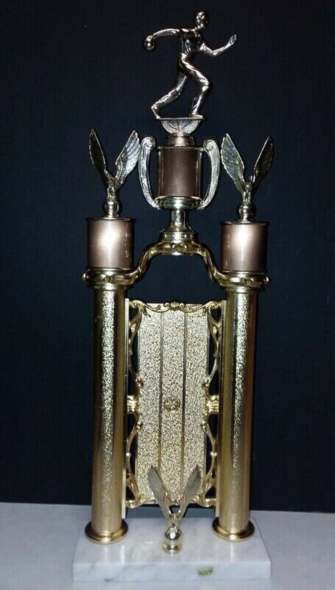 Trophée De Bowling Vintage Homme Années 50 – Métal, Bois Et Marbre – Pasadena CA 1953/54