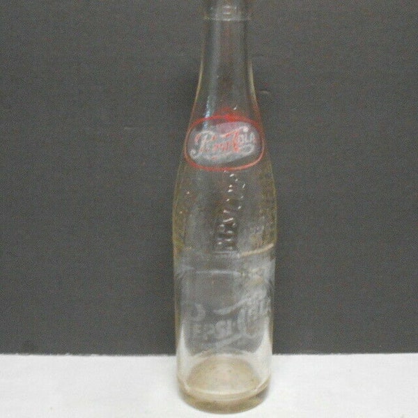 Pepsi Cola Vintage Swirl Print & Embossed Logo Soda Pop Top Glass Bottle