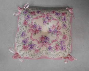 Wedding Ring Bearer Pillow with Pink n Purple Flowers and Ribbon Vintage Hand Crafted