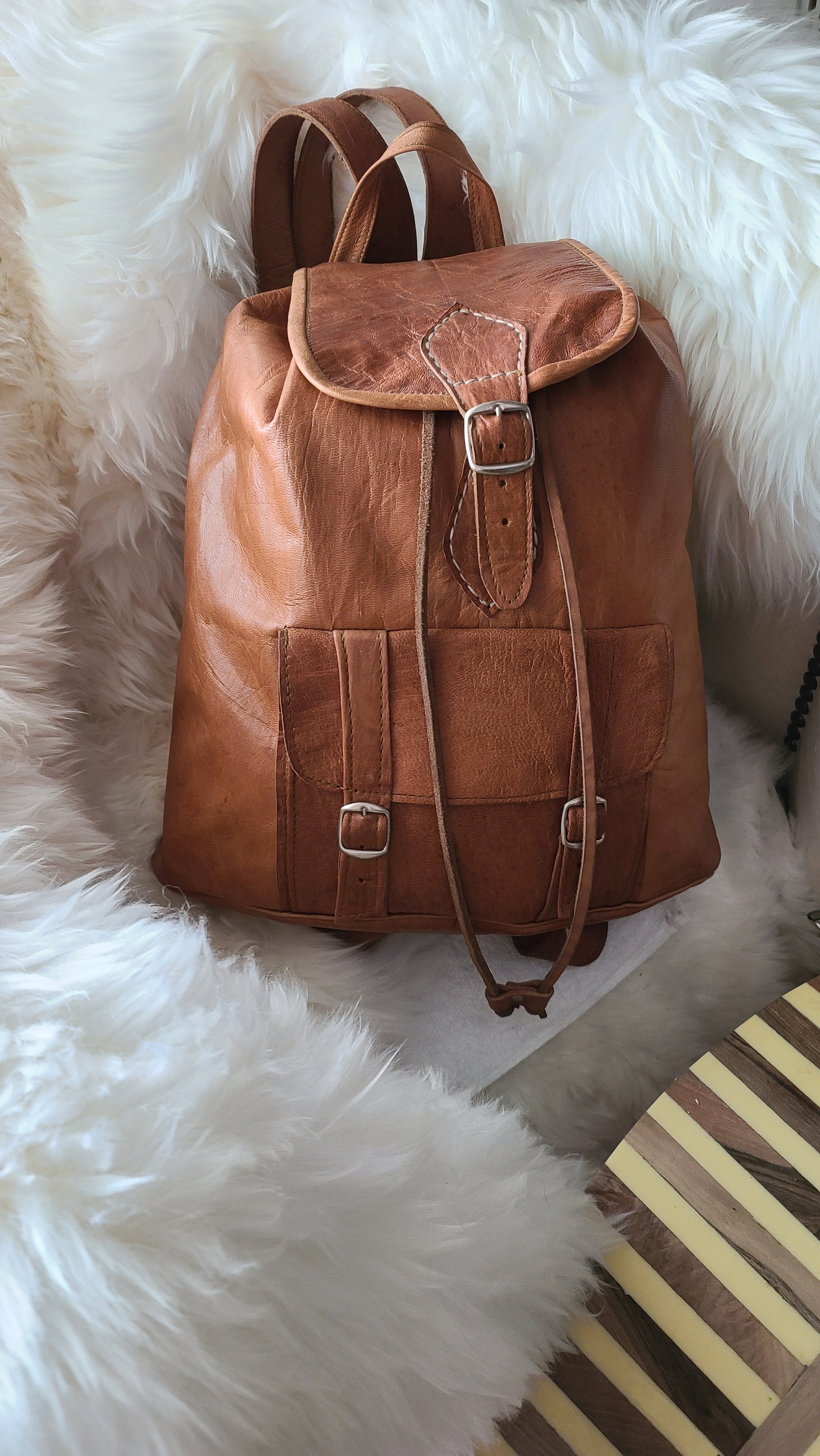 Authentic Moroccan Cowhide Leather Bagpack, Travel Bag or  display picture 1