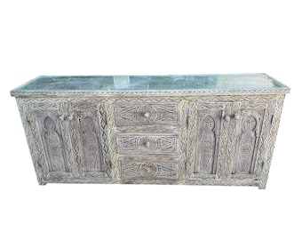 Hand Carved Moroccan Wooden Cabinet: African Buffet, 4 Doors, 3 Drawers