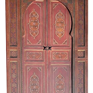 Double door Vintage painted door Wooden door Moroccan interior door Bedroom door Moorish dark red wooden door