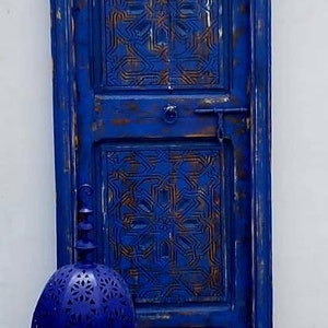 Majorelle arch blue door. Handmade moroccan blue geometric carved wooden door for bedroom or bathroom moorish closet or wardrobe door