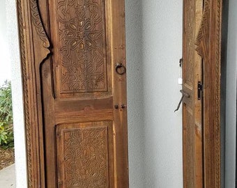 Handmade Alhambra Moroccan Door: Brown Geometric Carved Wood, 79" x 38.5"