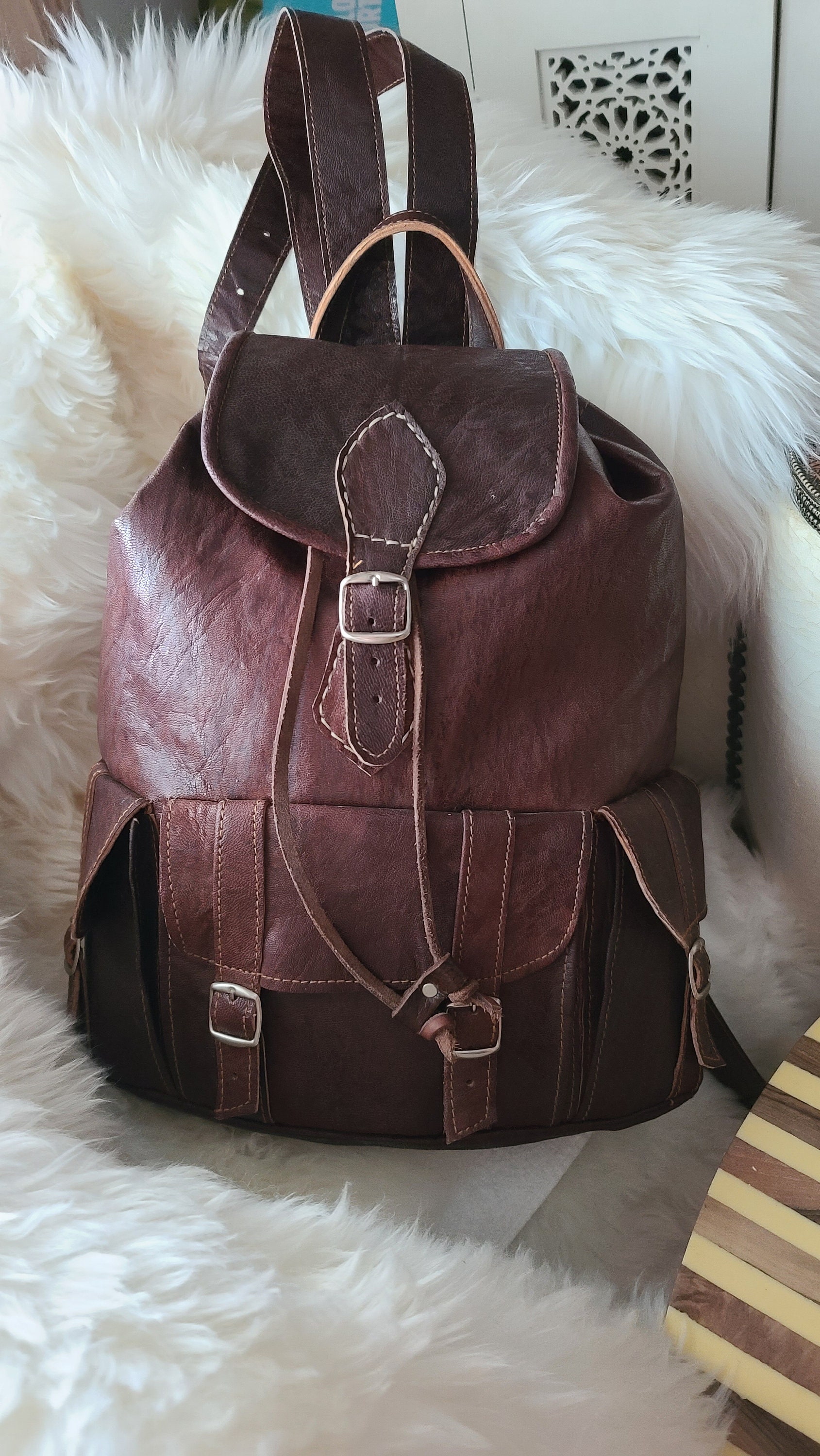 Authentic Brown Moroccan Cowhide Leather Bagpack, Travel Bag 