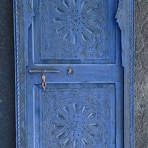 Handmade moroccan blue geometric carved wooden door