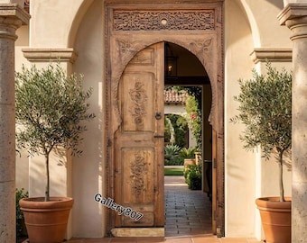 Exquisite alhambra moroccan double door interior/exterior Handmade moorish brown geometric carved wooden door for bedroom or living room