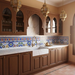 May include: A kitchen with dark wood cabinets, glass-fronted upper cabinets, and a white marble countertop. The backsplash features colorful patterned tiles. Decorative brass lanterns hang from the ceiling, and a brass faucet is over the white farmhouse sink.