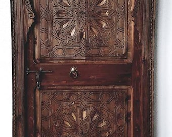 Handmade Moroccan Geometric Carved Wooden Door: Moorish Alcazar Palace Style