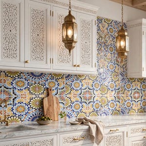 May include: A kitchen featuring white cabinets with intricate fretwork panels, a marble countertop, and a backsplash of colorful geometric patterned tiles. Two brass pendant lanterns hang above, with a wooden cutting board and a small potted plant.