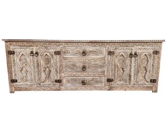One of a kind 80" long African tv cabinet handmade moroccan carved  moorish wooden buffet