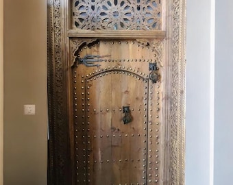 Handmade Carved Wooden Moroccan Door, Geometric Arch Entry